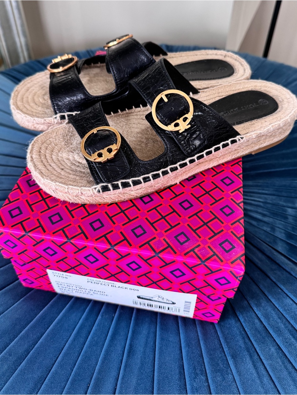 Tory Burch Black Leather, Shelby Two-Band Espadrille Slide Sandals - Picture 3 of 6